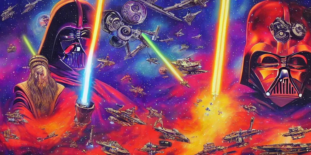 Prompt: high detailed psychedelic painting of star wars the movie in the cosmos