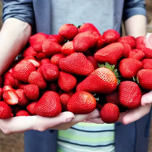 Prompt: a hand holding a giant 1 0 kg strawberry