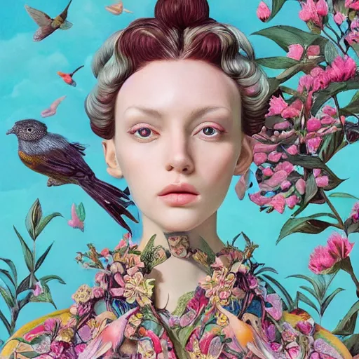 Image similar to pretty model with botanical and birds : : by martine johanna and simon stalenhag and chie yoshii and casey weldon and wlop : : ornate, dynamic, particulate, rich colors, intricate, elegant, highly detailed, vogue, harper's bazaar art, fashion magazine, smooth, sharp focus, 8 k, octane render