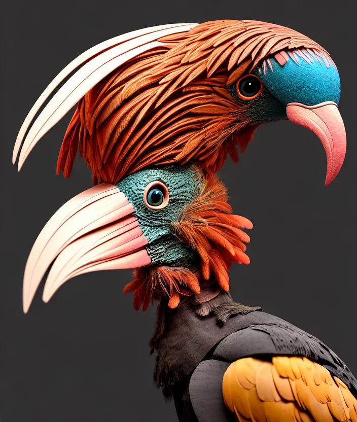 Prompt: a high resolution realistic photo portrait of a birdlike sculpture creature made of birds merged, creature wrinkles pheasant, feathers exotic morphing hoopoe, morphing wings king vulture head, global illumination, refraction, displacement map, bump map, normal map