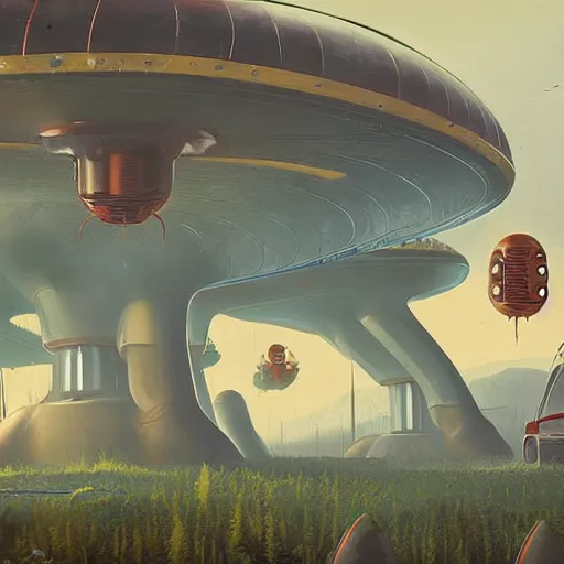 Prompt: alien invasion, simon stalenhag, high detail, concept art,