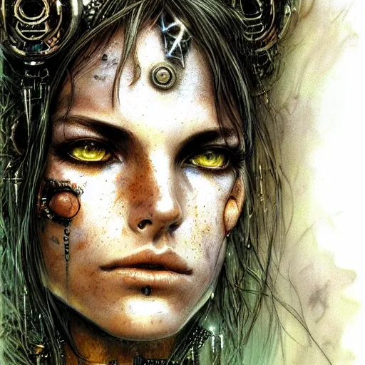 Image similar to an award finning closeup facial portrait by luis royo and john howe of a very beautiful and attractive female bohemian cyberpunk traveller aged 1 9 with green eyes and freckles in clothed in excessively fashionable cyberpunk gear and wearing ornate warpaint