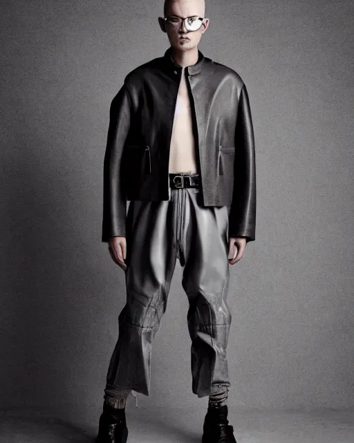 Image similar to a fashion editorial photo of a grey extremely baggy short ancient medieval designer menswear leather jacket with an oversized collar and baggy bootcut trousers designed by alexander mcqueen, 4 k, studio lighting, wide angle lens