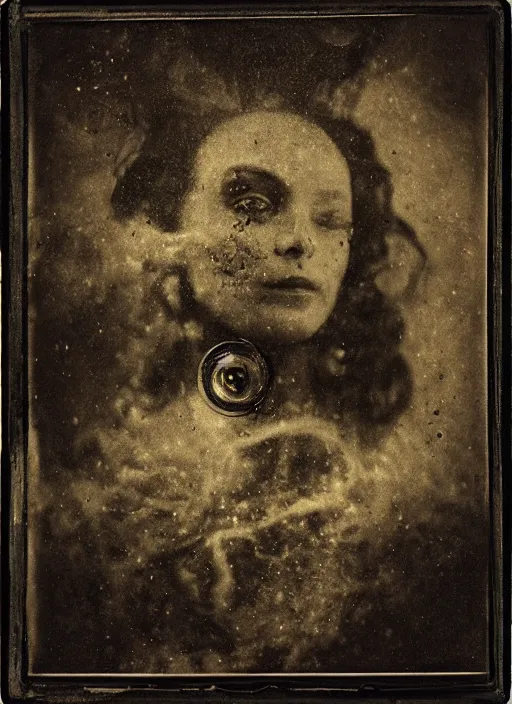 Image similar to old wetplate daguerreotype portrait, negative burn, explosion of data fragments, fractal, intricate, elegant, highly detailed, parallax, leica, medium format, subsurface scattering, by jheronimus bosch and greg rutkowski and louis jacques mande daguerre