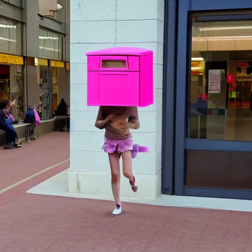 Image similar to a pink letter box with human legs running around in a shopping center