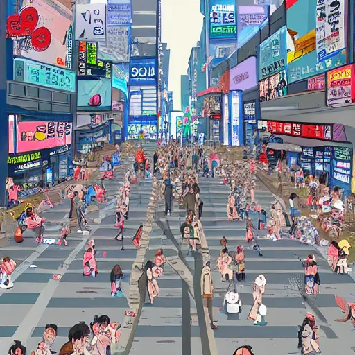 Prompt: seoul city view. People are walking on the street. Anime style. Hyper detailed