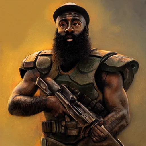 Image similar to ultra realistic portrait painting of james harden as master chief, art by frank frazetta, 4 k, ultra realistic, highly detailed, epic lighting