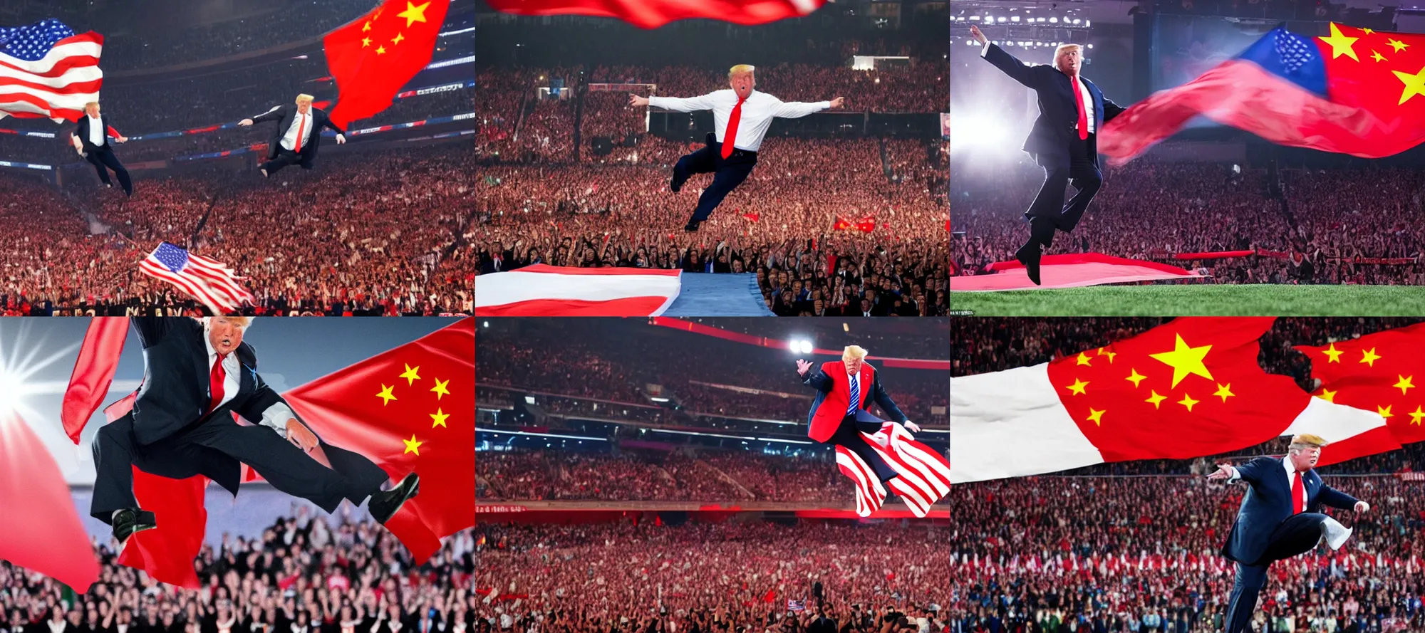 Prompt: a hero shot of donald trump doing a dropkick in the air, chinese flag in the background, backlit, epic, photo