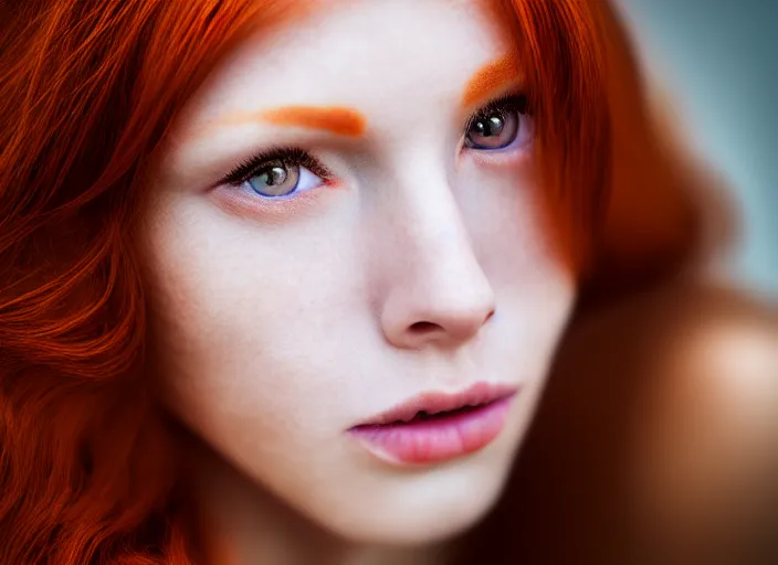 Image similar to 5 5 mm portrait photo of a redhead woman's face with ( intricate cat eyes ). highly detailed 8 k. intricate. lifelike. soft light. nikom d 8 5 0. cinematic post - processing