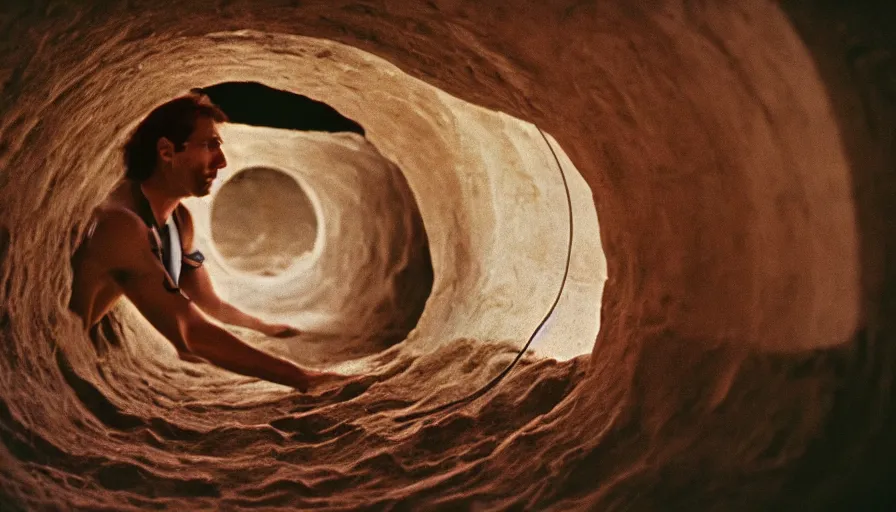 Image similar to 1 9 7 0 s movie still of a man in a stomach tunnel, cinestill 8 0 0 t