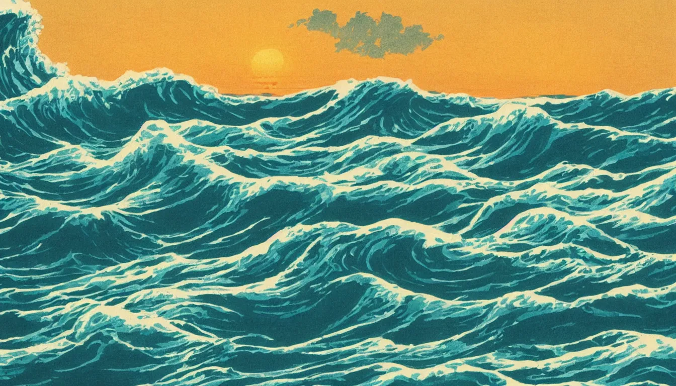 Prompt: ocean waves, setting sun, japanese illustration