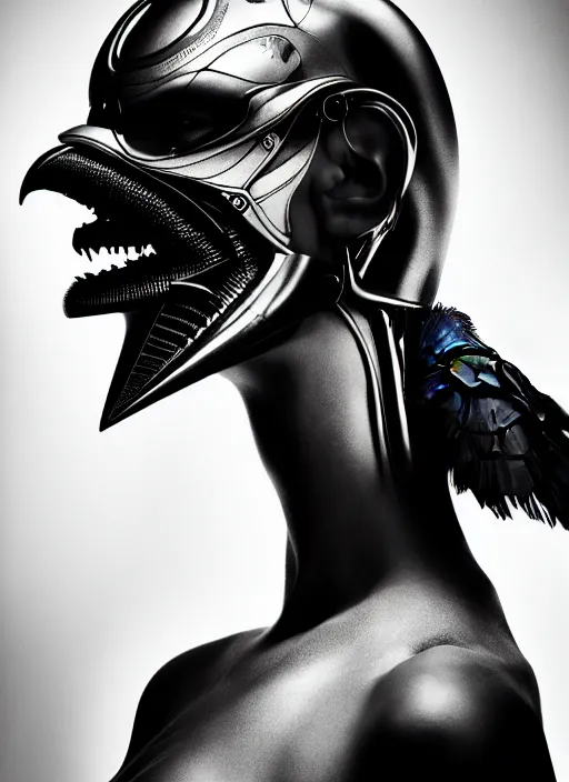 Image similar to a profile portrait, a stunning young woman - cyborg with a mutant crow head, editorial photography, bw, by roman sustov, by hr giger, shot on 7 0 mm, depth of field, f / 2. 8, high contrast, 1 6 k, volumetric lighting, shiny, insanely detailed and intricate, hypermaximalist, elegant, ornate