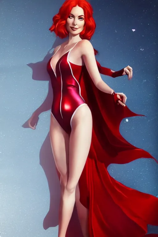 Prompt: beautiful elegant full body portrait of felicia day with fiery red hair wearing a sparkling cherry color one piece swimsuit and iridescent white silk cape, wlop, artgerm, artstation, backlit, marble background