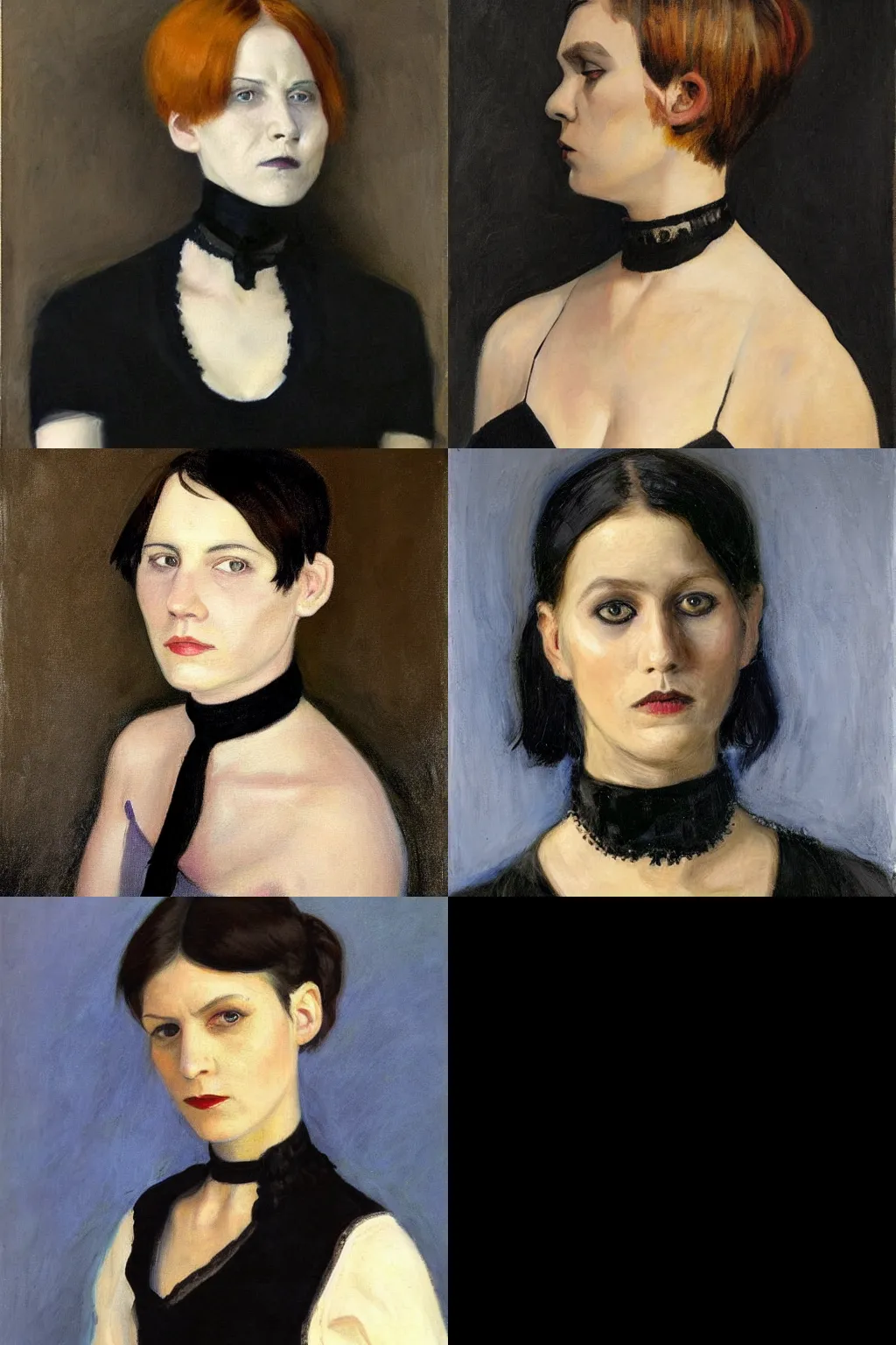 Prompt: a goth portrait painted by anna ancher. her hair is dark brown and cut into a short, messy pixie cut. she has a slightly rounded face, with a pointed chin, large entirely - black eyes, and a small nose. she is wearing a black tank top, a black leather jacket, a black knee - length skirt, and a black choker.