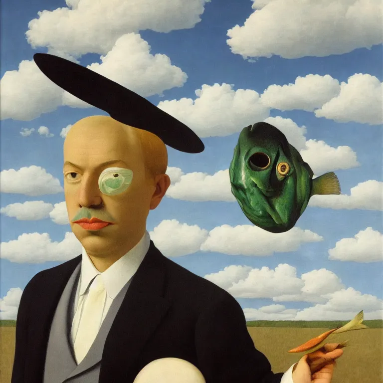 Image similar to portrait of a man with fish head, clouds in the background, by rene magritte, detailed painting, distance, middle centered, hd, hq, high resolution, high detail, 4 k, 8 k