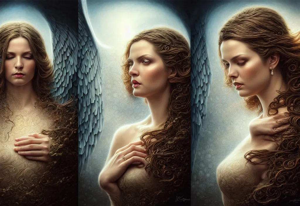 Prompt: picture split from the middle with an border, evil angels with different backrounds, intricate, elegant, highly detailed, realistic hair, centered, digital painting, art station, conceptual art, soft, sharp focus, illustration, artwork, artgerm, tomasz alen kopera, donato giancola, wlop, boris vallejo