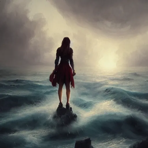 Prompt: concept art, facing the back of a woman standing alone in the middle of a sea storm, wearing a dress, thunderstom, lightning, rain, medieval, dark concept art, painting by wlop, nixeu and greg rutkowski, beautiful, semirealism, artstation, octane render, sharpness, 8 k, golden ratio