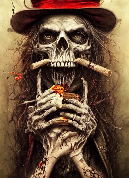 Image similar to Mad hatter smoking cigar, death tarot card,highly detailed,half skull face,cinematic,8k,by Stanley Artgermm,Tom Bagshaw,Greg Rutkowski,Carne Griffiths, Ayami Kojima, Beksinski, Giger,trending on DeviantArt,hyper detailed,horror, full of colour