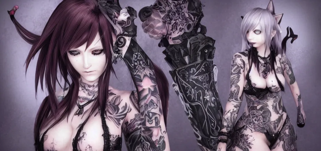 Image similar to cat girl with tattoos final fantasy 14 gothic dark