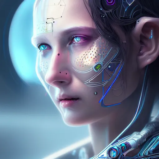 Image similar to cyberpunk robotic elvish queen, extremely detailed, hyperrealistic, intricate, soft light, fantasy, digital painting, art station, by wlop