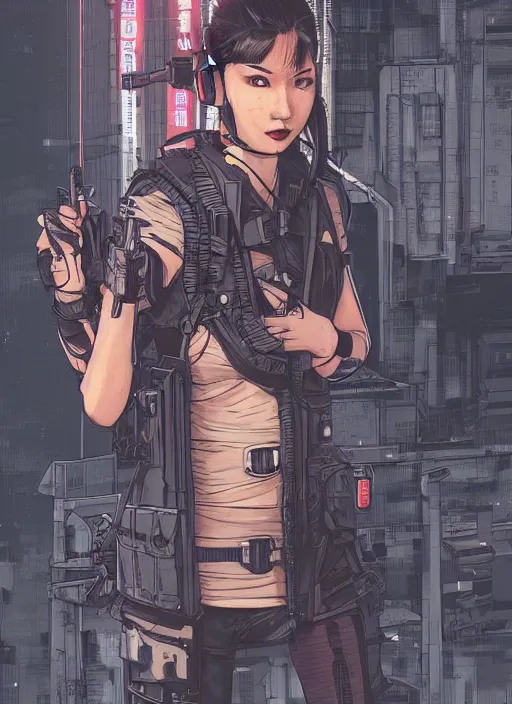 Image similar to Dangerous Mio. beautiful female Japanese cyberpunk mercenary wearing a cyberpunk tactical headset and military vest. Attractive face. Realistic Proportions. Concept art by James Gurney and Laurie Greasley. Moody Industrial skyline. ArtstationHQ. Creative character design for cyberpunk 2077.