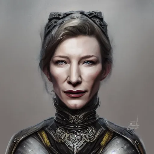 Prompt: portrait of cate blanchett as a warrior woman, looking at camera, d & d, choker on neck, stylish armor, intricate, elegant, stylish, fierce look, fantasy, extremely detailed, digital painting, artstation, concept art, smooth, sharp focus, illustration, stunning lighting, art by artgerm and simon stalenhag