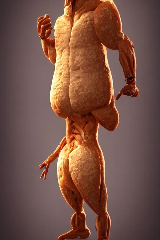 Prompt: a humanoid skinny muscular bread with a mustache, badass pose, concept art, octane render, unreal engine 5, trending on artstation, high quality, highly detailed, anatomically correct, five fingers, cinematic, high coherence, path traced, dramatic lighting, 8 k, hugh contrast, digital art