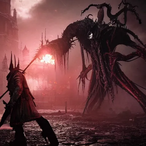 Prompt: Bloodborne Hunter having an epic battle with large eldritch beast