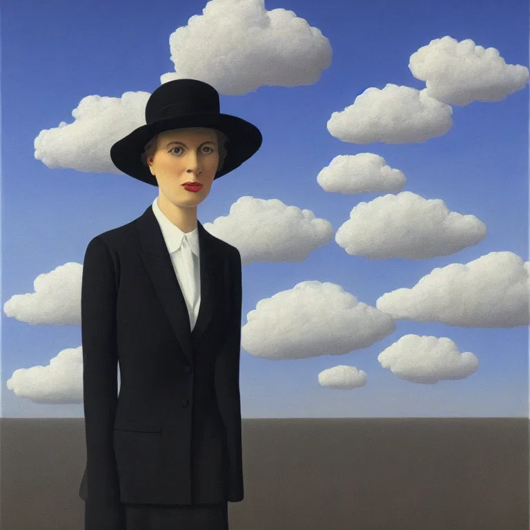 Prompt: portrait of a faceless shadow - head woman in a suit, clouds in the background, by rene magritte, detailed painting, distance, centered, hd, hq, high resolution, high detail, 4 k, 8 k