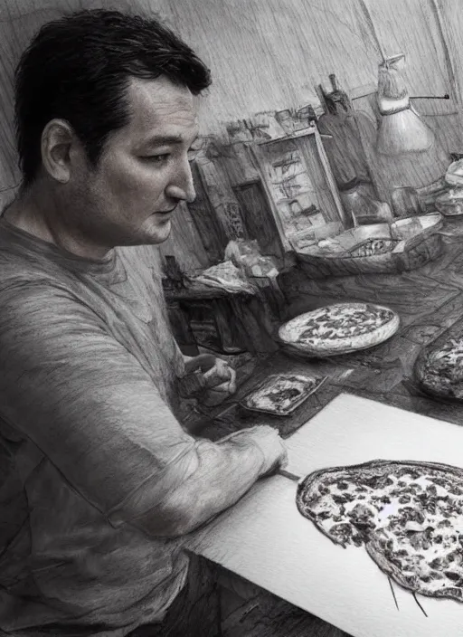 Image similar to portrait, Ted Cruz making a pizza, watercolor, dramatic lighting, cinematic, establishing shot, extremely high detail, foto realistic, cinematic lighting, pen and ink, intricate line drawings, by Yoshitaka Amano, Ruan Jia, Kentaro Miura, Artgerm, post processed, concept art, artstation, matte painting, style by eddie mendoza, raphael lacoste, alex ross