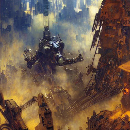 Prompt: six meters tall mech fighting in an urban environment, epic action scene, by gaston bussiere craig mullins jc leyendecker gustav klimt artgerm greg rutkowski john berkey, bergey, craig mullins, ruan jia, raymond swanland, jeremy mann, tom lovell, alex malveda