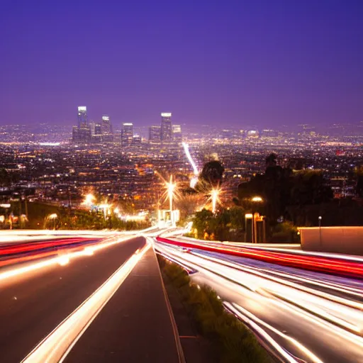 Prompt: los angeles california including interstate 5, blue hour photography, light trails, photorealistic, cinematic lighting, highly detailed