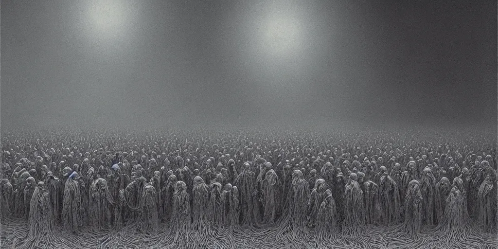 Prompt: A gathering of a dark secret cult, intricate, highly detailed, digital painting, artstation, concept art, sharp focus, illustration, art by Zdzislaw Beksinski