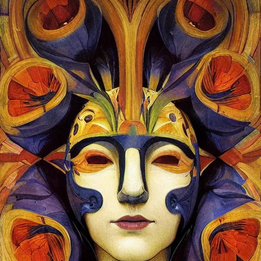 Image similar to masterpiece painting of a facemask made of stylized flowers, by annie swynnerton and jean delville and tino rodriguez and john watkiss, flower mask, art deco shaman, art brut, symbolist, dramatic lighting, god rays, elaborate geometric ornament, modern realism, clean crisp graphics, soft cool colors, smooth, sharp focus, extremely detailed