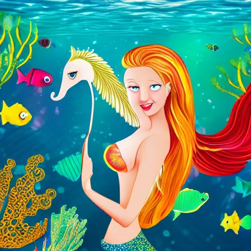 Prompt: beautiful blonde female mermaid riding colorful seahorse underwater surrounded by fish