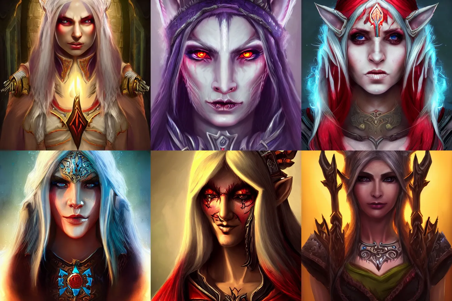 Prompt: a warcraft necromancer character, symmetrical female face game portrait, long white hair, spiky elf ears, ultra HD, hand painted style, ambient light background, rim light on character, toned colours, red clothes, light skin, warcraft real style