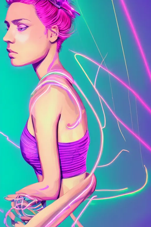 Image similar to a award winning half body portrait of a beautiful woman with stunning eyes in a croptop and cargo pants with ombre purple pink teal hairstyle and hands in pockets by thomas danthony, surrounded by whirling illuminated lines, outrun, vaporware, shaded flat illustration, digital art, trending on artstation, highly detailed, fine detail, intricate