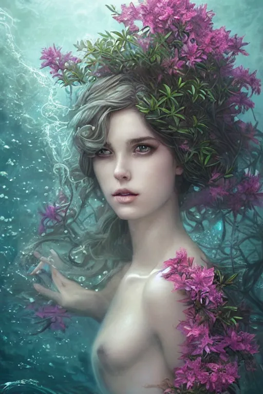 Image similar to a goddess of azaleas!! standing in a windy underwater garden! with a beautiful symmetrical face!!! cinematic lightning, murky dusty deep, smoky eyes, isolated, studio lighting by artgerm and tom bagshaw