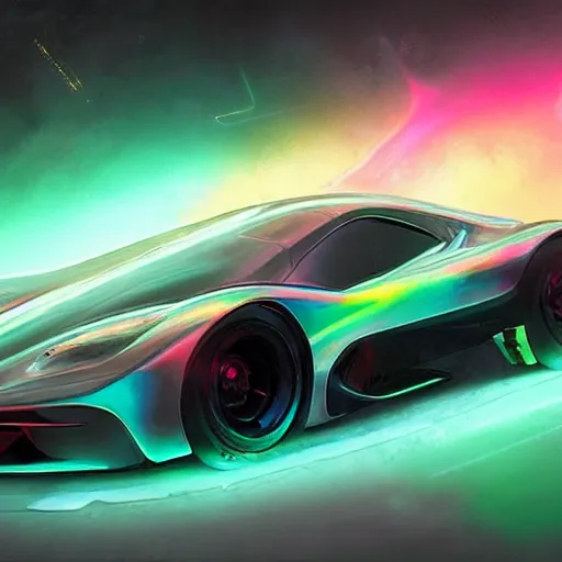 Prompt: car with holographic paint, pearlescent, elegant, digital painting, concept art, smooth, sharp focus, art style from Wang Ke and Greg Rutkowski and Bruce Kaiser and Scott Robertson and Dmitry Mazurkevich and Doruk Erdem and Jon Sibal, small style cue from Vaporwave