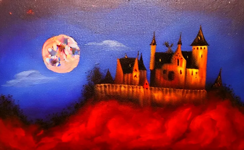 Image similar to red oil painting, full moon, french gothic burning! castle, fog!! clouds!! bats flying away from castle, blur, bokeh,