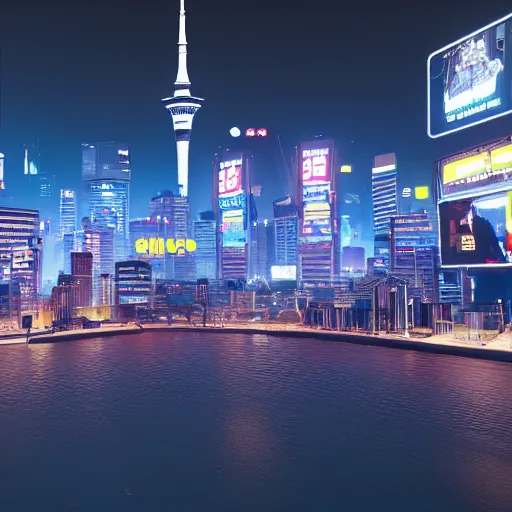 Image similar to auckland city at night, cyberpunk 2 0 7 7 style