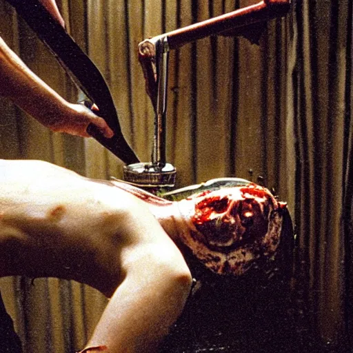 Prompt: filmic extreme wide shot dutch angle movie still 35mm film color photograph of a doctor getting his head sliced clean in half, dripping blood, in the style of an intense nightmarish realistic very disturbing extreme horror film