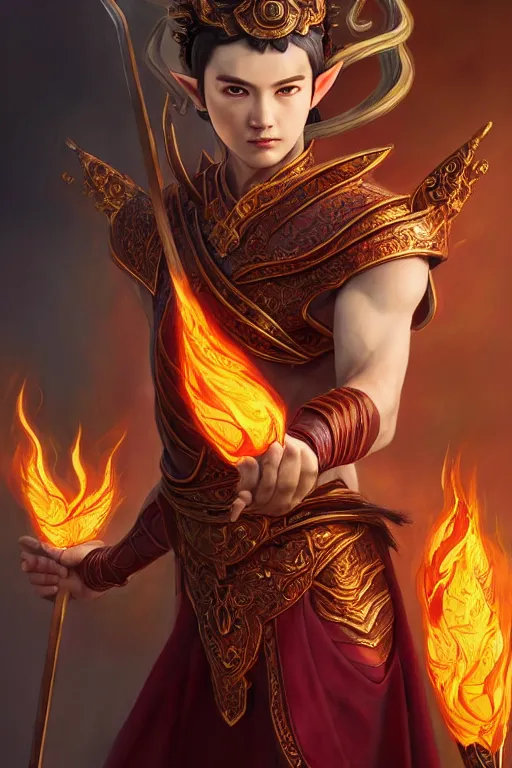 Image similar to a masterpiece portrait of nezha, young elf prince holding spear, flame everywhere, epic pose, fantasy character portrait, closeup shot, hyper detailed, digital painting, 8 k realistic, trending on artstation, sharp focus, dof, by fenghua zhong, artgerm, ne zha from smite, jeff easley, raymond swanland