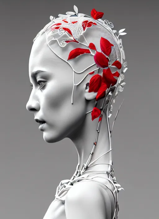 Image similar to complex 3d render ultra detailed of a beautiful porcelain profile young woman face, biomechanical cyborg, 200 mm lens, volumetric lighting, beautiful studio soft light, rim light, silver white gold red details, magnolia big leaves achromatic and stems, roots, fine foliage lace, mesh wire, Alexander Mcqueen high fashion haute couture, art nouveau fashion embroidered, intricate details, hyper realistic, ultra detailed, mandelbrot fractal, anatomical, facial muscles, cable wires, microchip, elegant, octane render, H.R. Giger style, 8k post-production, trending on Artstation