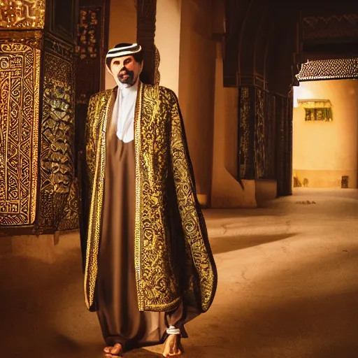 Image similar to a man in traditional Arabian costume overlooking his empire, cinematic, hyper realistic, soft lighting, intricate details, stunning