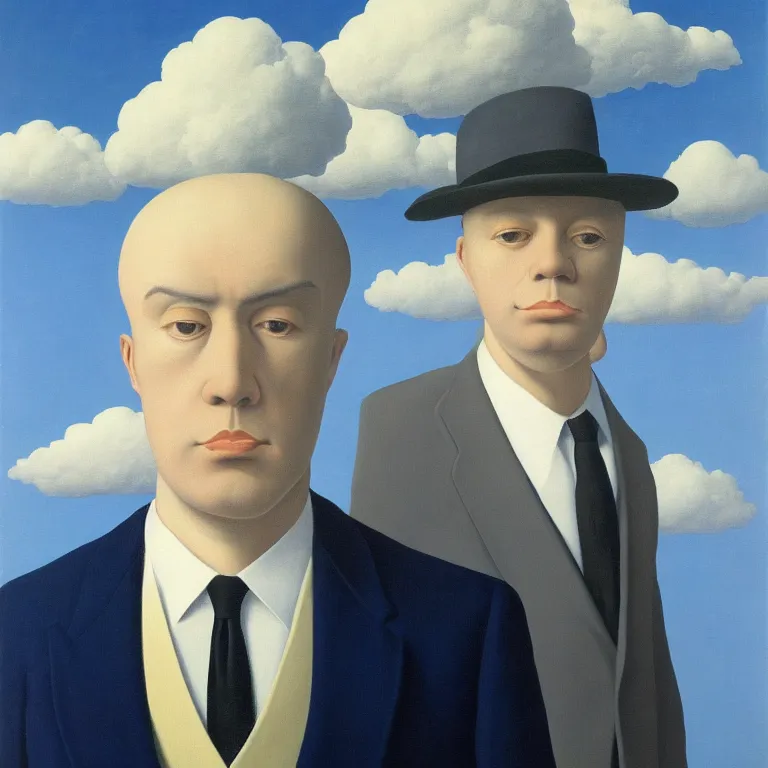Image similar to portrait of a cloud man in a suit by rene magritte, detailed painting, hd, hq, high resolution, high detail, 4 k, 8 k