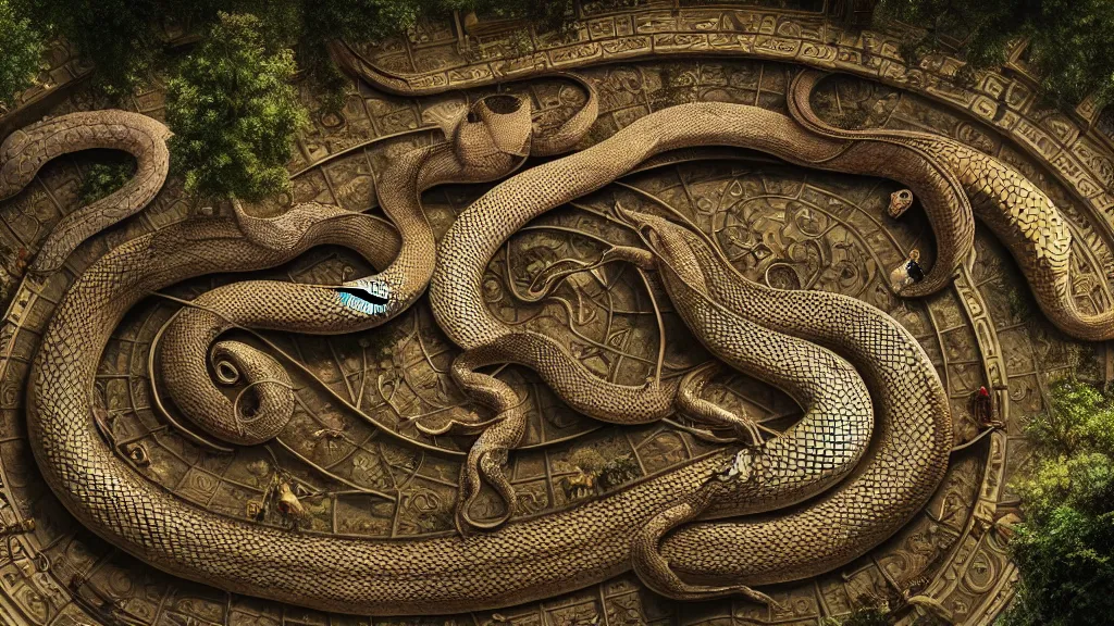 Image similar to a giant snake around the tree of life, high detail, 8k, ornate, dark fantasy, maximalist, realistic, masterpiece, complex, WLOP, film still from the movie directed by Denis Villeneuve, wide angle