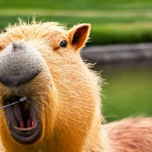 Image similar to an antropomorphic capybara wearing a suit smoking a cigar