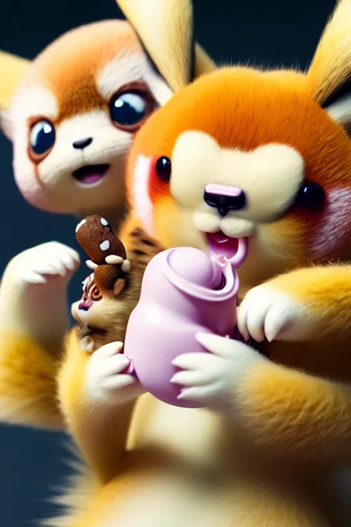 Image similar to high quality 3 d render hyperrealist very cute pastel fluffy! red panda & tarsier hybrid eating giant ice cream, vray smooth, in the style of detective pikachu, charlie immer, very dramatic light, low angle, uhd 8 k, shallow depth or field