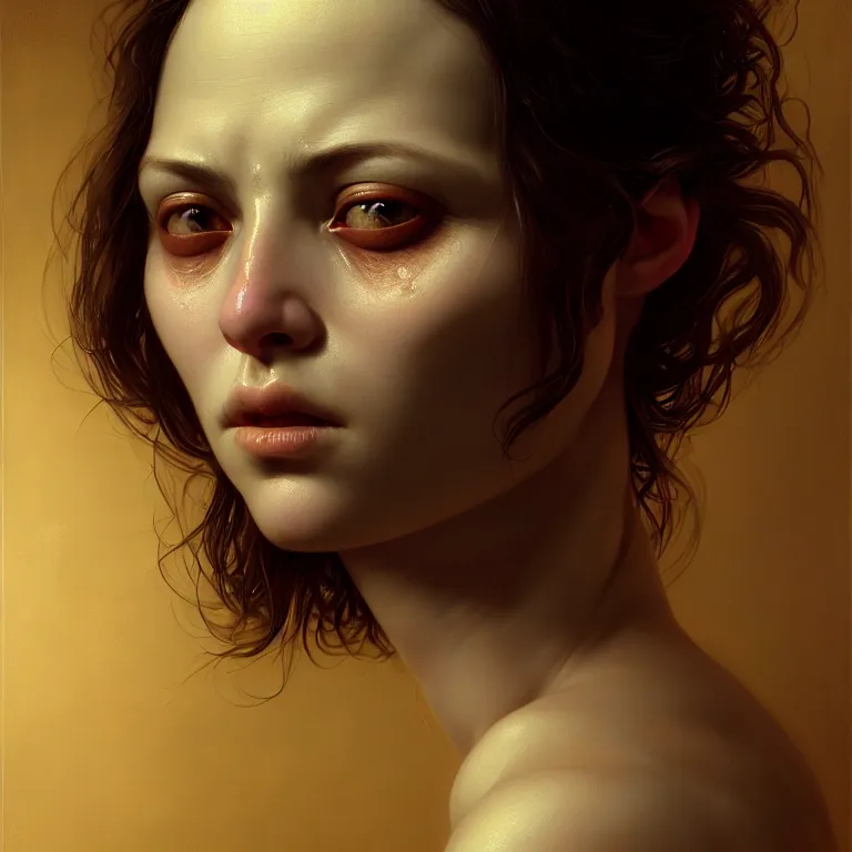 Image similar to epic professional symmetrical digital art of sweet realistic closed eyes, translucent skin, accent lighting, painted, intricate, detailed, cheery, fun, effervescent, by roberto ferri, epic, stunning, gorgeous, much wow, much detail, cinematic, masterpiece, unreal engine render